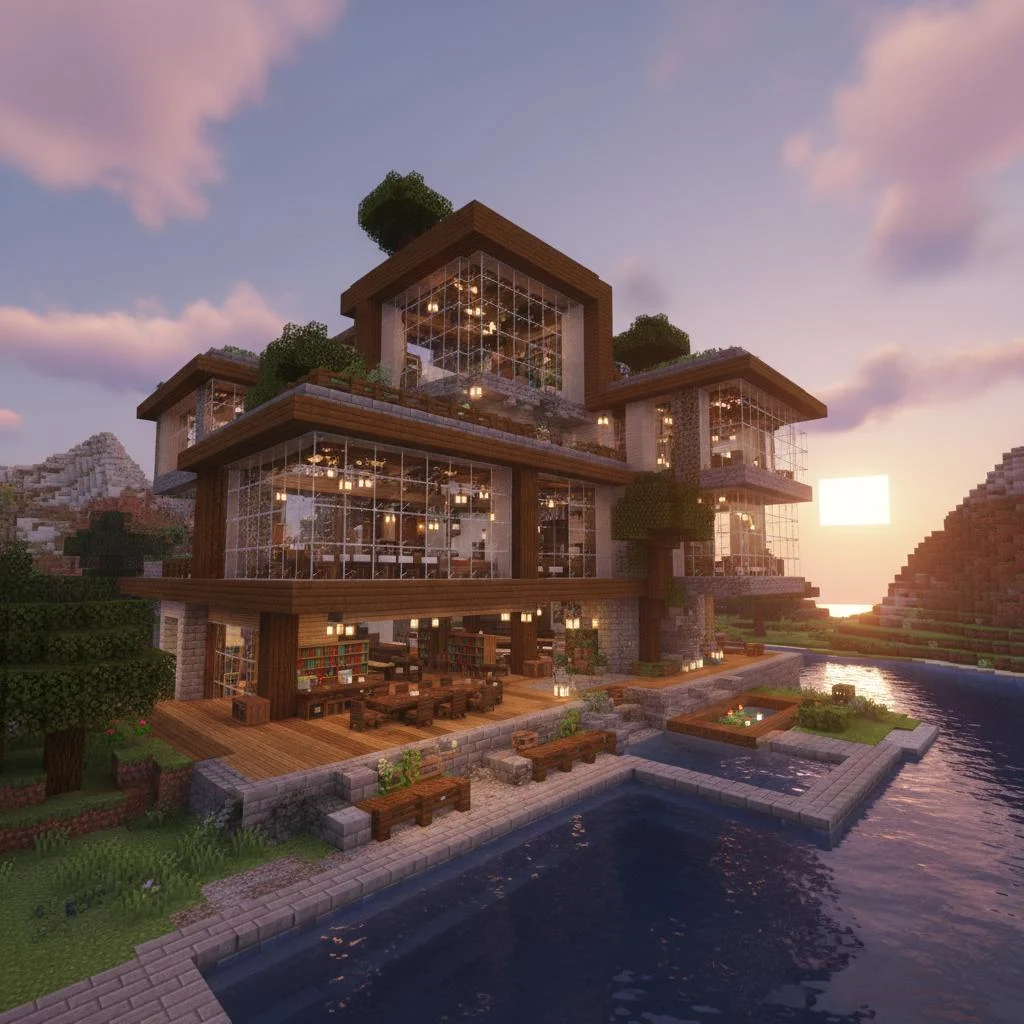 Casa moderna costruita in Minecraft, affacciata sull’acqua al tramonto
